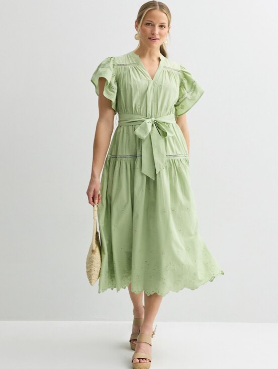 Farmers Market Dresses & Skirts - Farmers Market Sage Green Tie-Waist Eyelet Midi Dress | Size L - NWT